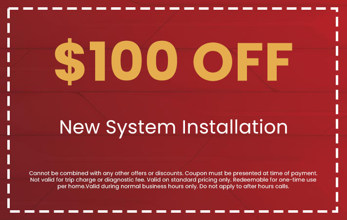 $100 off coupon for new system installation from Spring Hill Heating & Cooling, highlighting promotional offer details and terms.