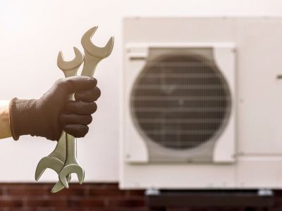 Hand holding wrenches in front of a heat pump unit, symbolizing heat pump repair and maintenance services.