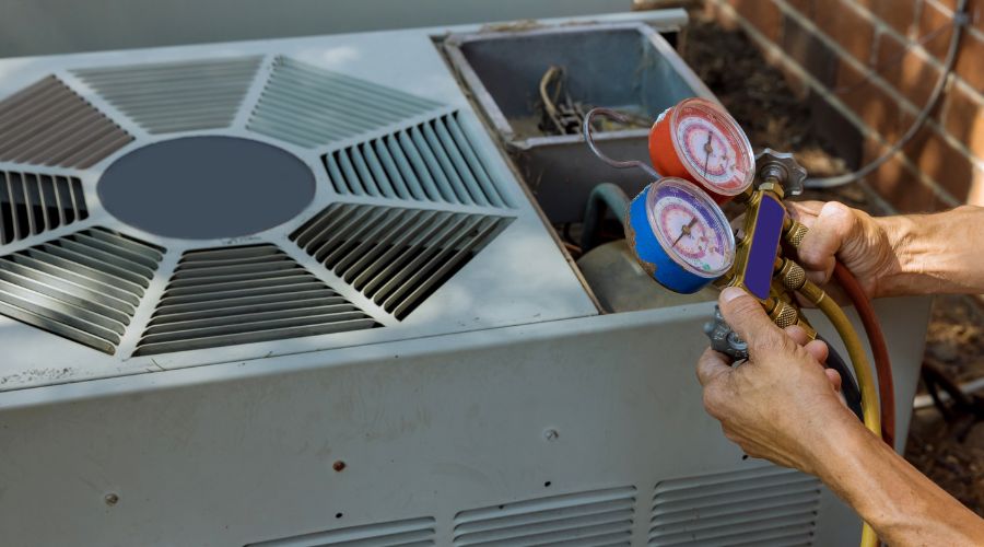 Hands holding pressure gauges connected to an air conditioning unit, demonstrating maintenance procedures essential for energy efficiency and reliability.